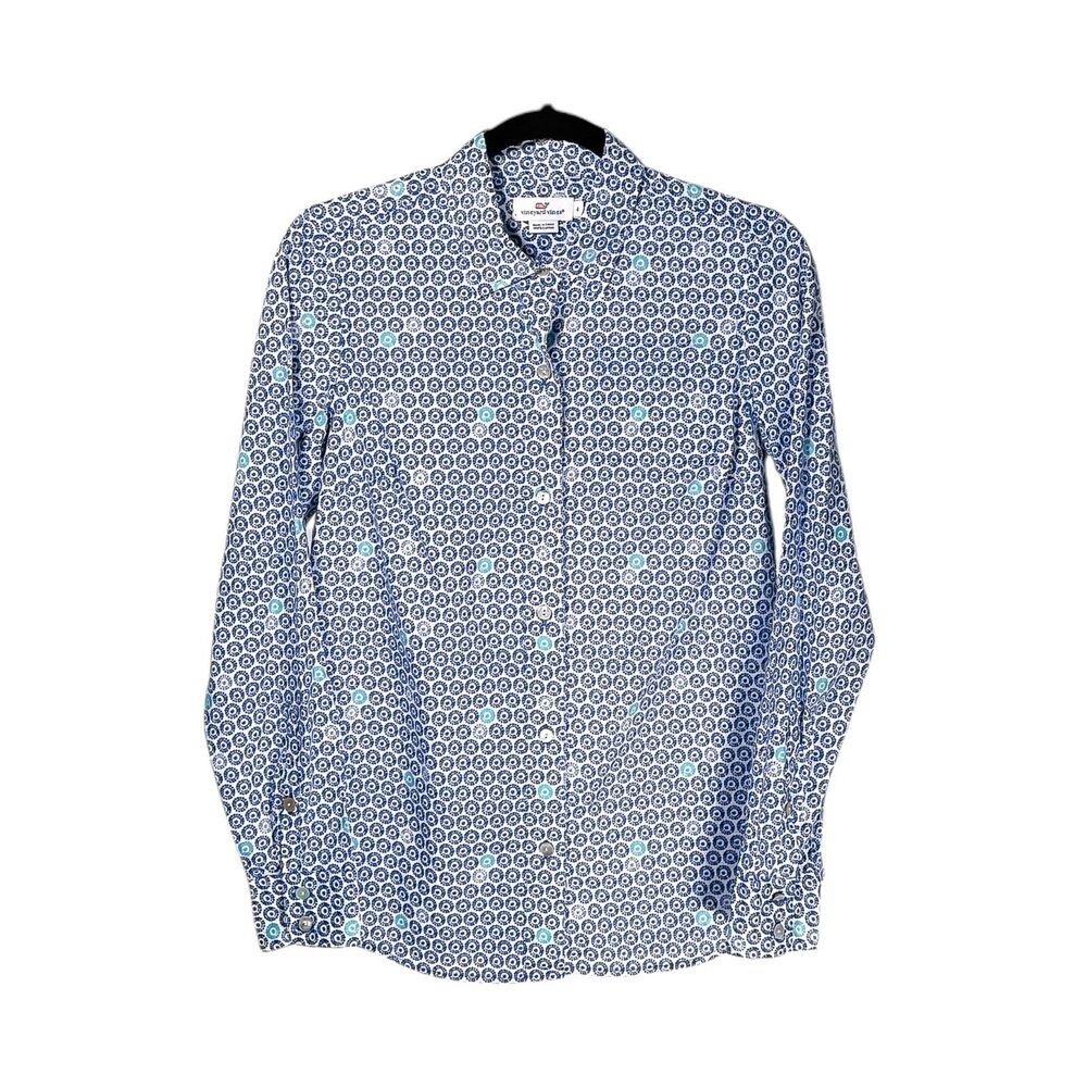 Vineyard Vines Women's Shirt Button Up Blue White Textured Dot Preppy Top Size 4